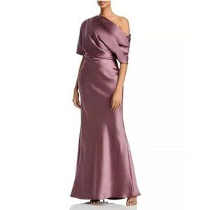 495$ Amsale Draped Satin Asymmetric One Shoulder Maxi Dress Size 12 Mauve